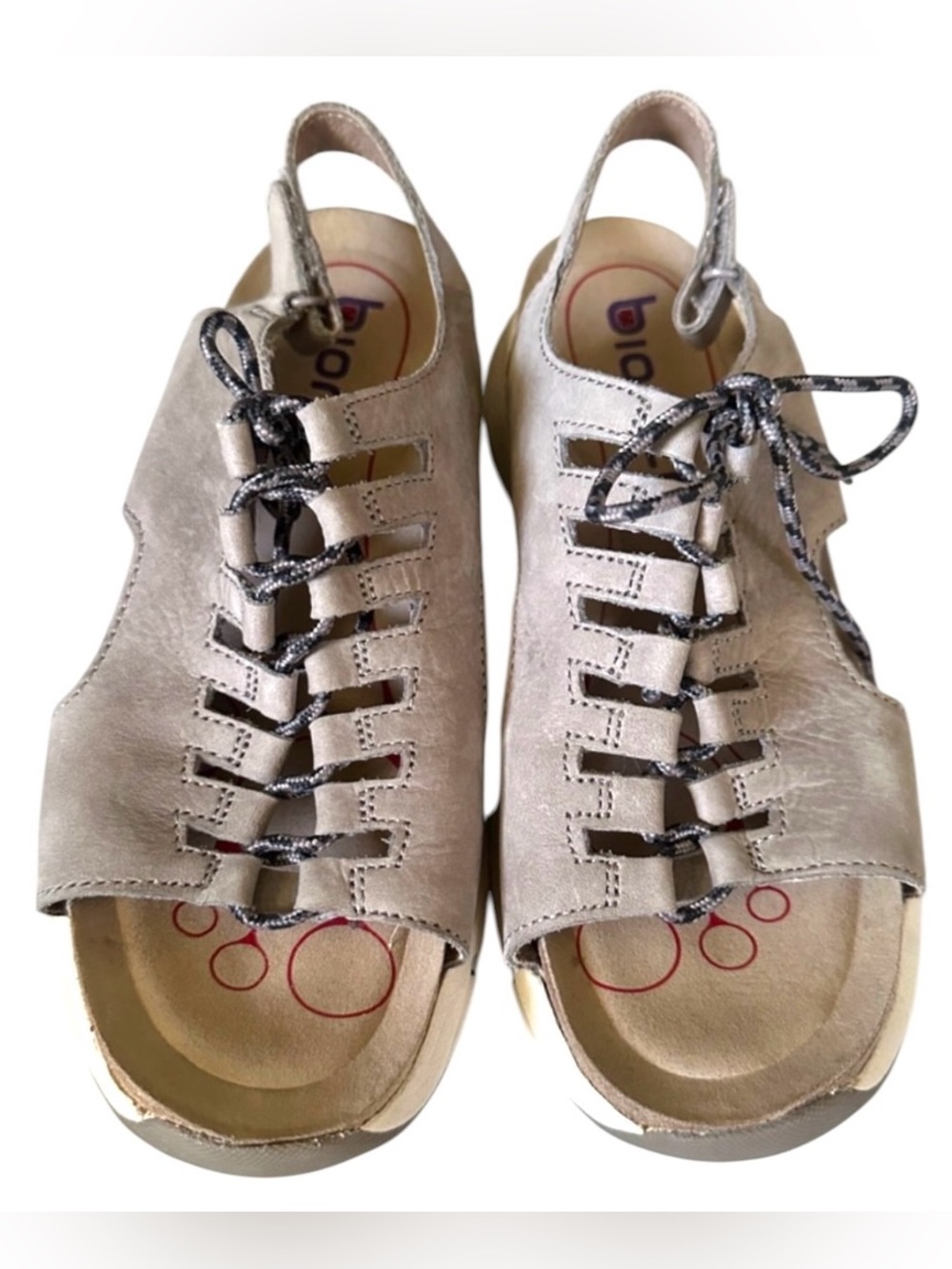 Bionica Ormond Women Sandal 7.5 M Grey Leather Lace Up Slingback Comfort Wedge